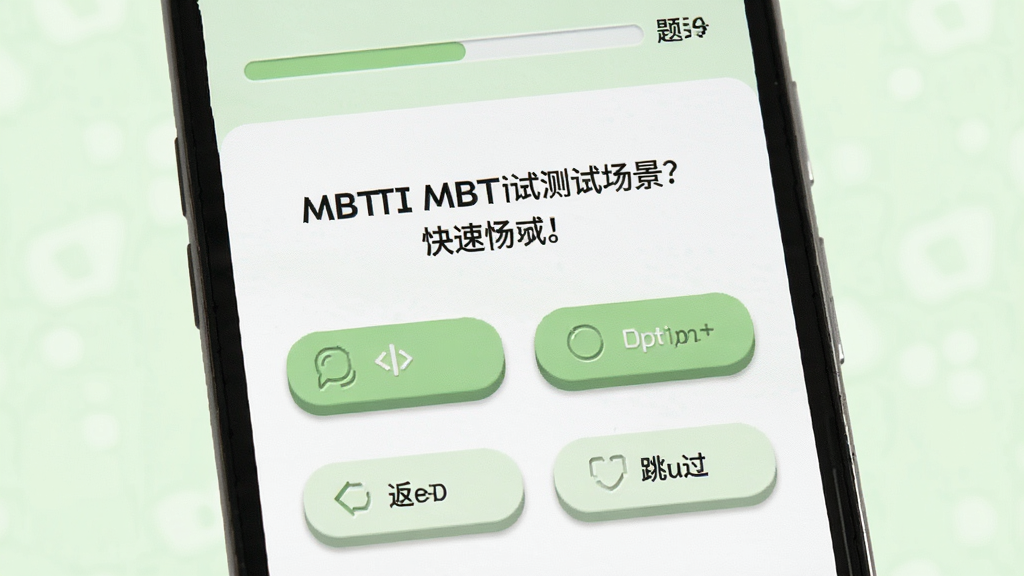 MBTI���� ���ٲ��Գ���������Ϊ��׿�ֻ���Ļ��ʾMBTI������Ŀ���棬�����Ϸ��ǽ���������ţ��м�����Ŀ���ֺ�����ѡ�ť���·��Ƿ��غ�������ť������Լ���£���ɫΪǳ��ɫ�Ͱ�ɫ��ϸ�ڰ�ť����΢����У����ʸɾ����޶���Ԫ��