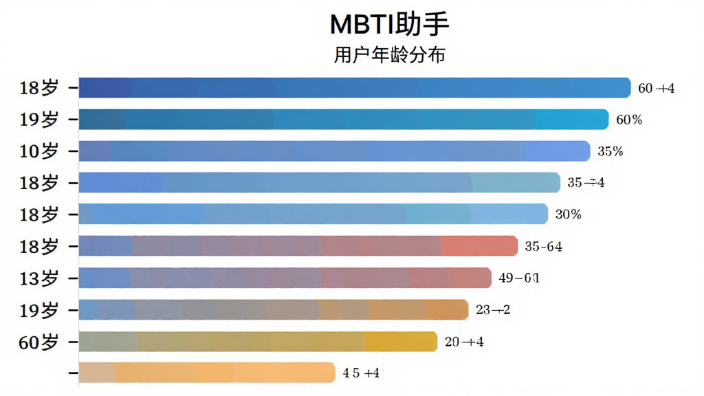 MBTI���� �û�����ֲ���״ͼ������Ϊһ�ź�����״ͼ���������������α�ǩ��18�굽60�꣬�Ҳ��ǲ�ɫ���Ӵ�����������û�ռ�ȣ��Ϸ��Ǳ������֣����������ͼ������ɫΪ��ɫϵ���䣬ϸ�����ֱ�ע���������ʸɾ����޶���Ԫ��