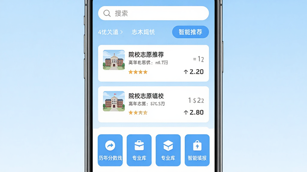 �߿�־Ը����APP������չʾ���ֻ���Ļ������ʾ������ԺУ�Ƽ��б���������ǳ��ɫ���䣬�Ϸ���������������Ƽ���ť���·�����������ߡ�רҵ�⡢������ĸ�������ڣ�������¼�Լ����ƽ����ƣ����ʸɾ����޶���Ԫ��
