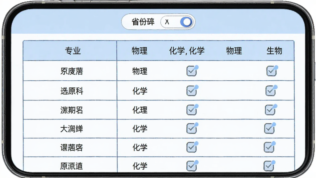 �߿�־Ը����APPѡ��ָ�����棬�ֻ���Ļ��ʾѡ��Ҫ���ѯ���������רҵ�����б����Ҳ�����������ѧ������ȿ�Ŀ��ѡ״̬��������ʡ���л���ť������Ϊǳ��ɫ�������߿������������ʵ�ã����ʸɾ��޶���Ԫ��