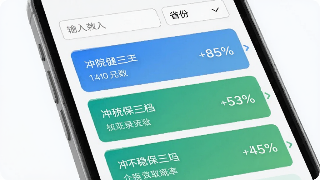 �߿�־Ը����APP�����Ƽ����ܽ��棬�ֻ���Ļ��ʾ���ȱ�����ԺУ�б���ÿ��ԺУ�Ա�ע¼ȡ���ʰٷֱȣ������з���������ʡ��ѡ����������Ϊ��ɫ���б�����ɫ����ɫ�����ݶȣ�����ִ���࣬����������������Ԫ��
