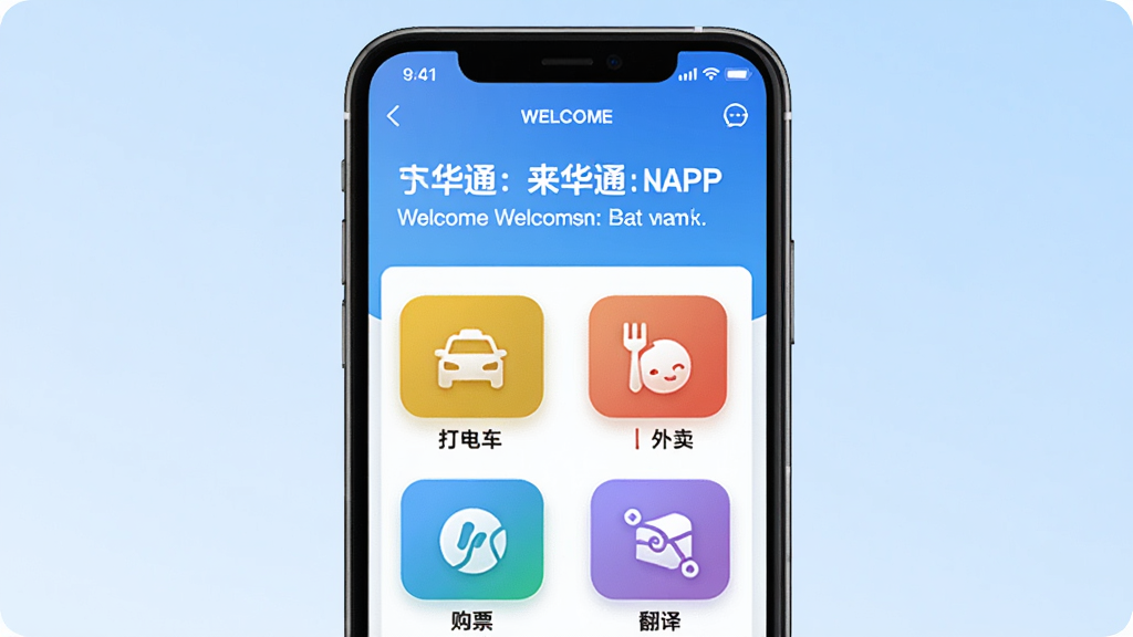 ����ͨӦ��������չʾ������������һ�������ֻ�����Ļ��ʾ����ͨAPP����ҳ����������Ӣ��˫�ﻶӭ��м������Ŵ򳵡���������Ʊ������Ȳ�ɫ����ͼ�꣬�����ǵ���ɫ���䣬������ִ���ϸ�����������ʸɾ����޶���Ԫ��