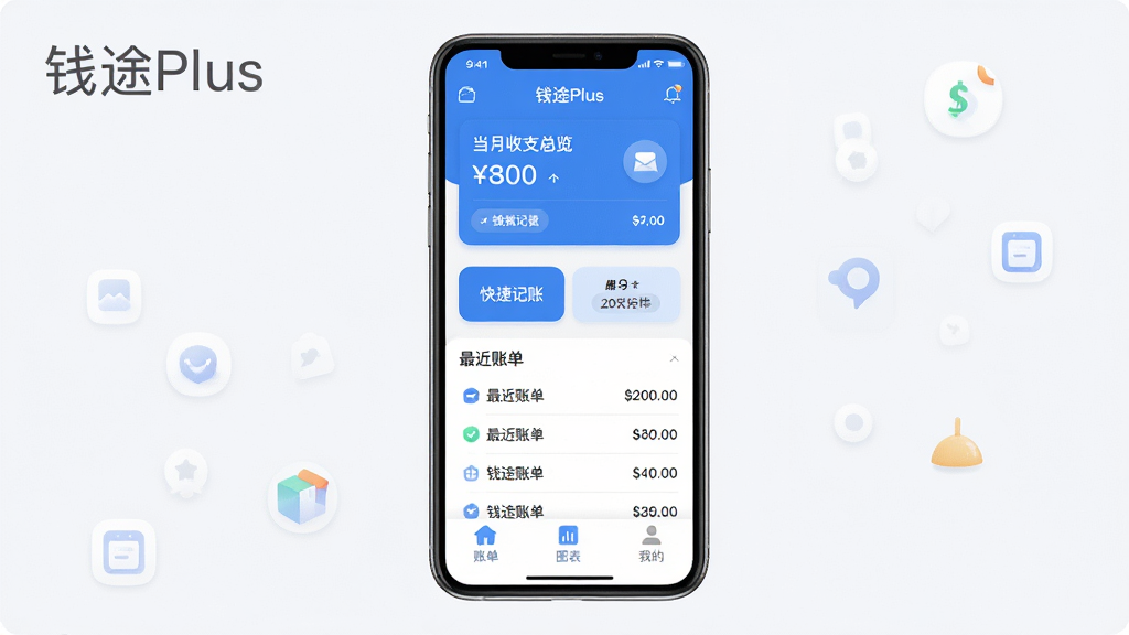 Ǯ;PlusApp������չʾ�������������ֻ���Ļ����Ļ����ʾǮ;Plus����ҳ���֣������е�����֧������Ƭ���м��ǿ�ݼ��˰�ť������˵��б����ײ�Ϊ�˵���ͼ�����ҵ���������ѡ�������ɫ������Ϊ����������ִ���ƽ����ͼ��Բ�󣬱����ɾ��޶���Ԫ�أ�����������������ʾ��Ǯ;Plus��