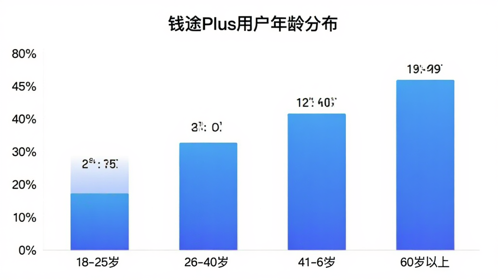 Ǯ;Plus�û�����ֲ���״ͼ�������ע18-25�ꡢ26-40�ꡢ41-60�ꡢ60�������ĸ�����Σ�����Ϊ�û�ռ�Ȱٷֱȣ���״��ɫΪ��ɫ���䣬ͼ��������ִ���������ɫ�����ݱ�ǩ���������ְ�����Ǯ;Plus�û�����ֲ���