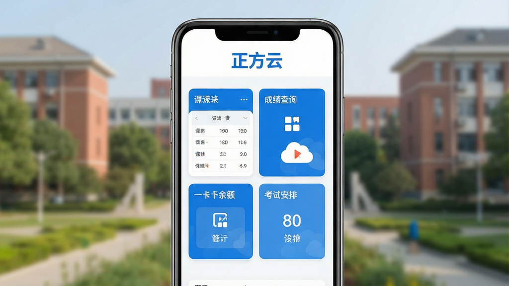 一张展示正方云App核心界面的手机样机图,画面中央是一部现代智能手机,屏幕上显示正方云App的主页,顶部有“正方云”三个字的Logo,主页布局包含课表卡片、成绩查询入口、一卡通余额、考试安排四个主要功能模块,界面采用蓝白配色,风格简洁现代,背景是虚化的大学校园场景,整体画质干净清晰,无多余元素。