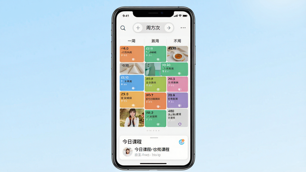 一张展示正方云App课表功能的手机截图,画面中手机屏幕显示一周课表,不同课程用不同颜色块区分,顶部有周次选择器,底部有“今日课程”提醒卡片,界面风格清新简洁,背景为浅蓝色渐变,画质干净,无多余元素。