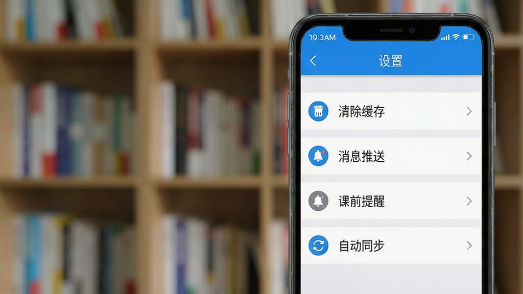 一张展示正方云App设置界面的手机截图,手机屏幕显示“设置”页面,包含“清除缓存”“消息推送”“课前提醒”“自动同步”等选项,界面采用列表式布局,图标简洁,配色为蓝白灰,背景为虚化的书架场景,画质干净,无多余元素。