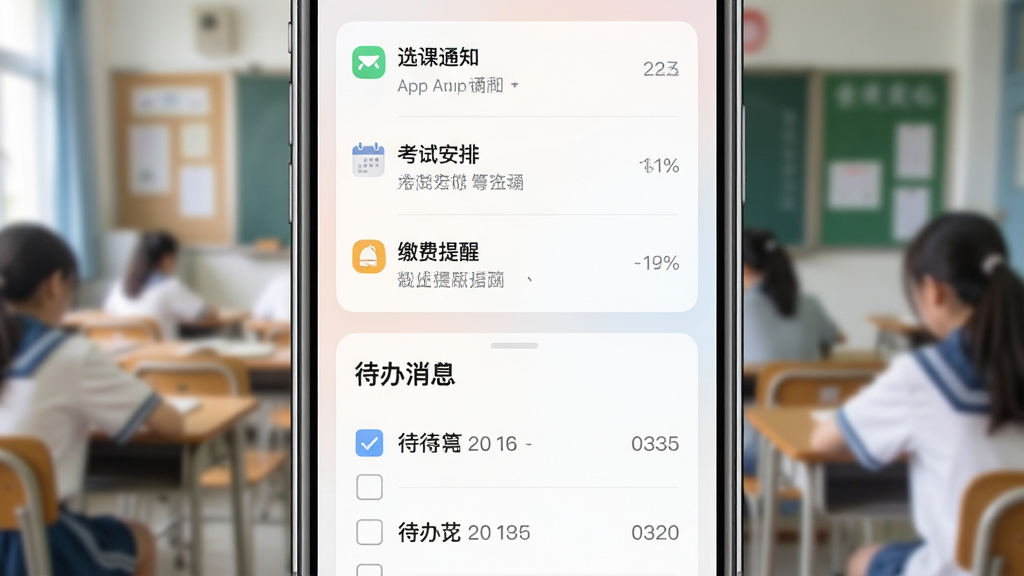 一张展示正方云App消息通知与待办事项界面的手机样机图,手机屏幕上半部分显示消息列表,包含“选课通知”“考试安排”“缴费提醒”等条目,下半部分显示待办事项清单,有复选框和截止日期,界面采用卡片式设计,配色柔和,背景为教室场景虚化,画质清晰,无多余元素。