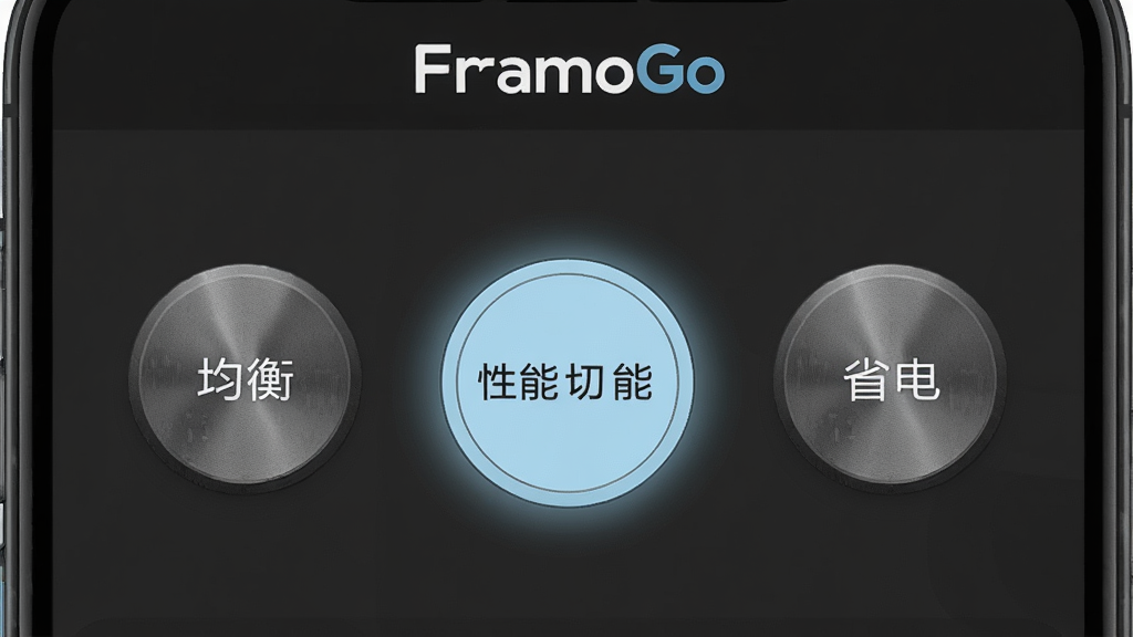 FramoGo������ģʽ�л�����չʾͼ���ֻ���Ļ����ʾ������Բ�ΰ�ť���ֱ��ע�ž��⡢���ܡ�ʡ����������ť������ʸУ���ǰѡ�е�����ģʽ��ť���ŵ���ɫ�Ĺ⣬���������ɫ�����ý��棬��������Ƽ��У����ʸɾ����޶���Ԫ�أ����涥����FramoGo��Logo