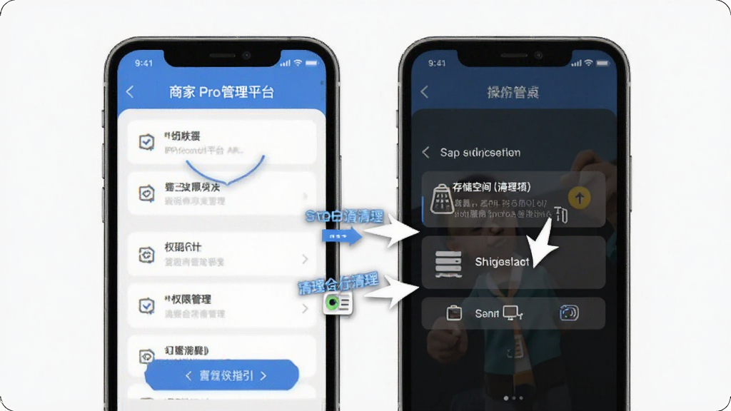 �̼�Pro����ƽ̨APP���ý������ָ�����ֻ���Ļ��ʾȨ�޹���ҳ��ʹ洢�ռ�����ѡ������������м�ͷָʾ�������裬������࣬���ʸɾ�