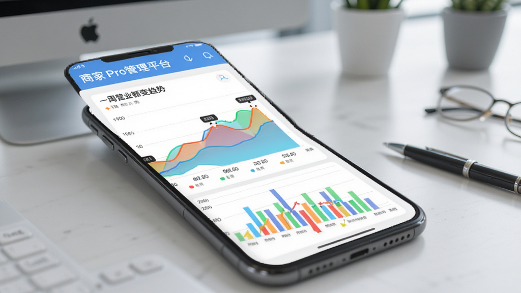 �̼�Pro����ƽ̨APP���ݱ������棬�ֻ���Ļ��ʾ����ͼ����״ͼ��չʾһ��Ӫҵ��仯���ƣ�ͼ����ɫ���������ݱ�ǩ�����������Ǽ򵥵İ칫���棬����ִ����񣬻���ϸ��