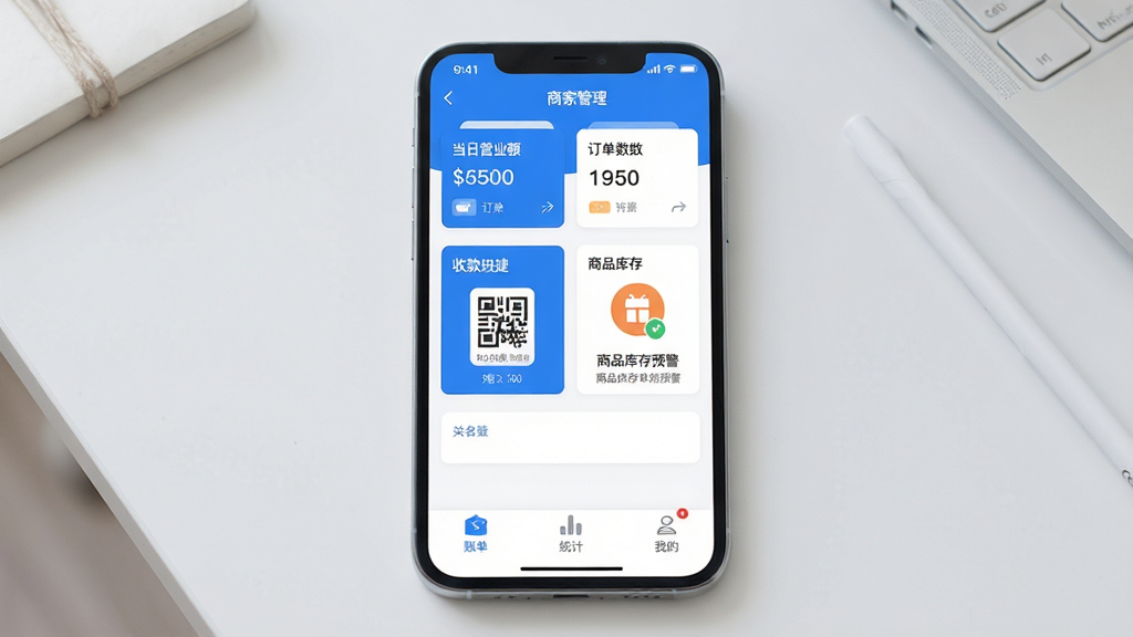 �̼�Pro����ƽ̨APP������չʾ������������һ�������ֻ�����Ļ��ʾ������ɫ���̼ҹ�����̨�������ǵ���Ӫҵ��Ͷ���������Ƭ���м����տ�������ں���Ʒ���Ԥ��ͼ�꣬�ײ����˵���ͳ�ƺ��ҵ�����ѡ��������Ǹɾ���ǳ��ɫ���棬�������ִ���ƽ�������ֱ�ǩ�����ɼ������ʸɾ��޶���Ԫ��