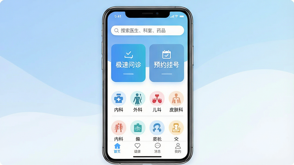 һ��չʾ����ҽ��App���Ĺ��ܵ��ֻ�����ϳ�ͼ�������������ֻ���Ļ����Ļ����ʾ����ҽ��App��ҳ������������д�š�����ҽ�������ҡ�ҩƷ�����м�����Ŀ�ġ���������͡�ԤԼ�Һš�������ť���·��������ڿơ���ơ����ơ�Ƥ���Ƶȿ���ͼ�꣬�ײ�����������ҳ����������Ϣ���ҵ��ĸ�ѡ���������͵����׽���ɫ����������ɾ��ִ������������޶���Ԫ��