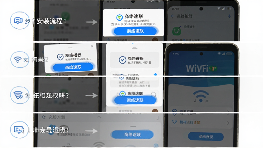 ����������׿�ֻ���װ��Ȩ�����ò���ָ�����������ֻ���Ļ��ʾȨ����Ȩ������WiFi���ӽ��棬�����Ƿֲ���չʾ��װ���̣��Ű���ϵ����������У���������̷̳磬ϸ������ɫ������ť�����֡�������������Ȩ��ͼ�꣬���ʸ���ɾ��޶���Ԫ��