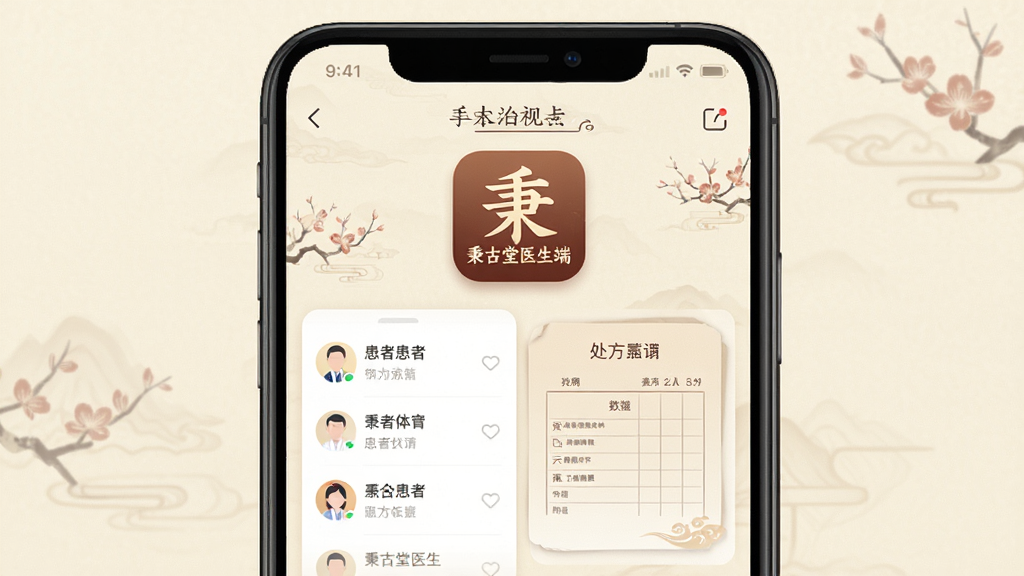 一张手机应用界面截图,画面中央展示“秉古堂医生端”应用程序的图标和主界面,界面以传统中医风格设计,包含患者列表和处方笺元素,背景是淡雅的米黄色,布局简洁清晰,风格温和专业,画质干净无多余元素