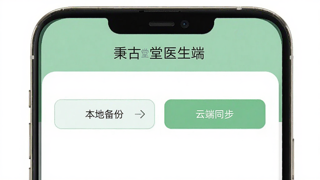一张手机界面示意图,显示“秉古堂医生端”的数据备份与恢复功能页面,页面上有本地备份和云端同步两个选项按钮,背景是简洁的白色和浅绿色搭配,风格干净现代,画质清晰无杂乱元素