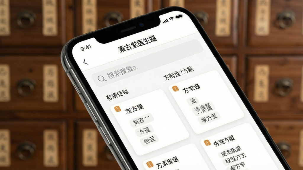 一张手机屏幕特写,展示“秉古堂医生端”的方剂检索功能界面,屏幕上有搜索框和按类别排列的方剂卡片列表,背景是模糊的中药柜,画面风格清新,布局规整,画质细腻干净