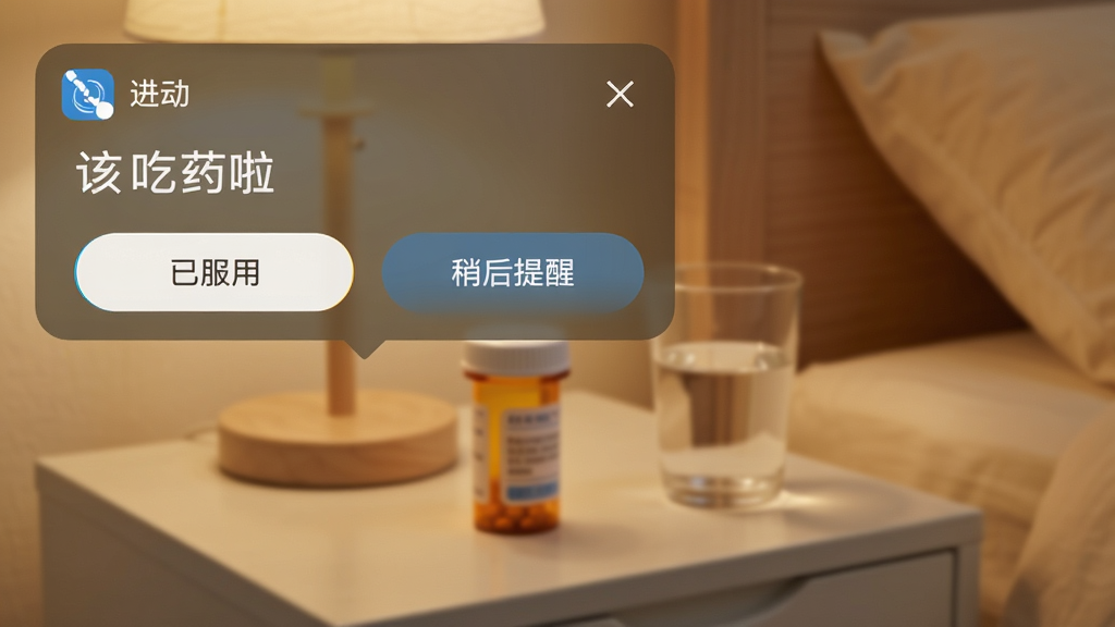 手机闹钟提醒界面截图风格,屏幕上方弹出“进动”应用的用药提醒通知卡片,卡片上写着“该吃药啦”,下方有“已服用”和“稍后提醒”两个按钮。背景是虚化的卧室场景,床头柜上放着一个药瓶和水杯,整体色调温暖柔和,画质干净。