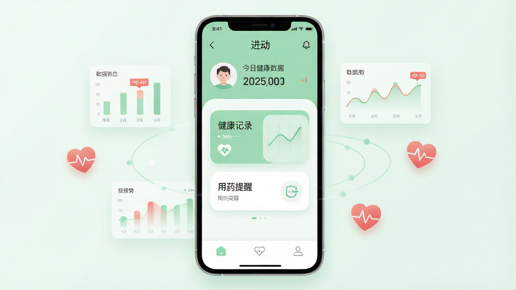 画面中央是一部智能手机,屏幕上展示着“进动”应用的首页界面,界面以柔和的浅绿色和白色为主色调,顶部显示用户头像和今日健康数据概览,中间是几个圆润的功能卡片,分别标注着“健康记录”“数据趋势”“用药提醒”,底部是三个简洁的导航图标。手机周围漂浮着几个半透明的数据图表和心跳图标作为装饰元素。整体风格清新现代,扁平化设计,画质干净明亮,无多余杂乱元素,适合作为应用推荐配图。