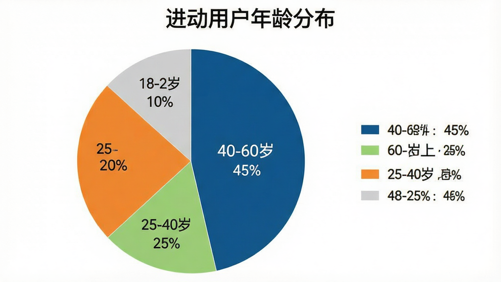一张饼状图,标题为“进动用户年龄分布”,饼图分为四个色块:40-60岁占45%用深蓝色表示,60岁以上占25%用浅绿色表示,25-40岁占20%用橙色表示,18-25岁占10%用浅灰色表示。饼图旁边有清晰的图例说明,背景为白色,整体风格简洁专业,数据标注明确,画质干净。
