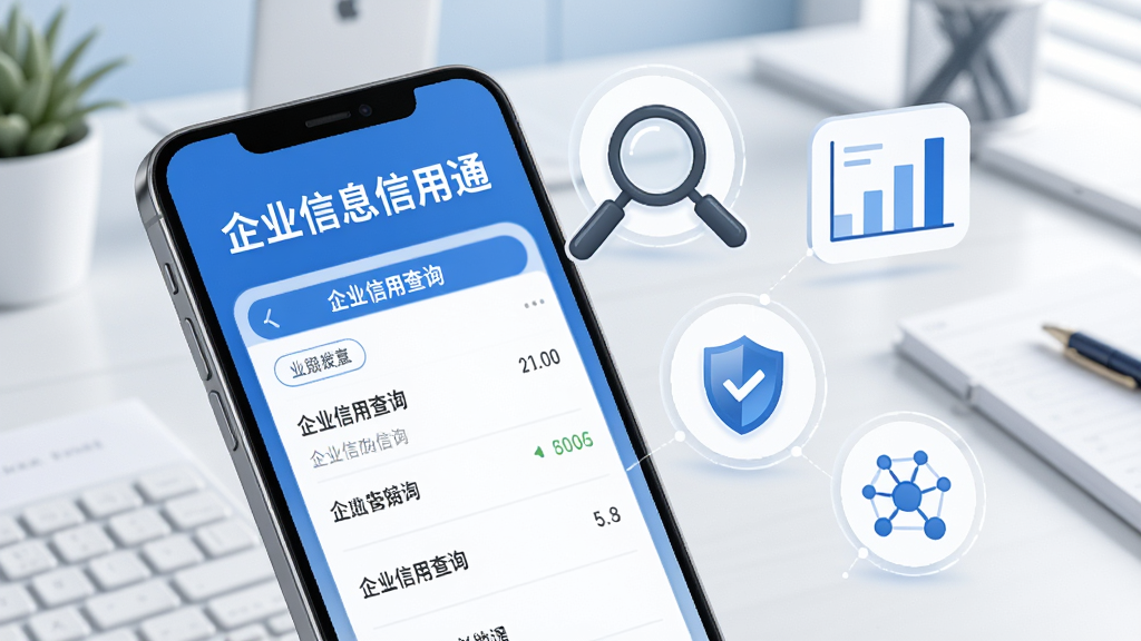 企业信息信用通的功能展示图,画面中一部手机屏幕显示着企业信用查询结果页面,旁边漂浮着放大镜、数据图表、盾牌和关系网络图标,背景是简约的办公桌面风格,色调以蓝白为主,整体布局清晰,画质干净,文字“企业信息信用通”出现在屏幕顶部