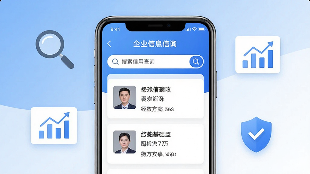 一张展示企业信息信用通核心功能的界面截图,画面中央是手机屏幕,屏幕上显示着企业信用查询的搜索框和几家企业的基础信息卡片,背景是干净的蓝白渐变色调,周围点缀着放大镜、数据图表和盾牌图标,整体风格简洁现代,画质清晰,文字内容清晰可见,干净无多余元素
