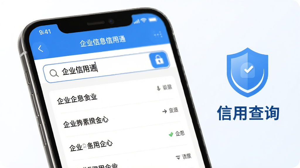 手机屏幕上显示企业信息信用通的搜索界面,搜索框内输入了一家企业名称,下方弹出匹配的企业列表,画面右侧有一个盾牌图标和“信用查询”字样,背景是干净的白色和浅蓝色搭配,整体风格简洁商务,画质清晰,无多余元素