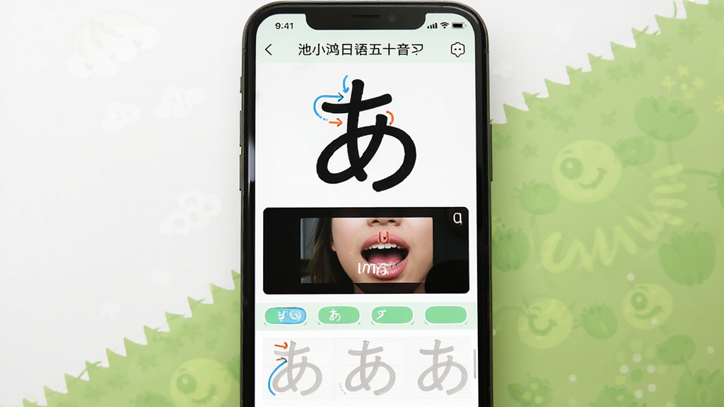 池小鸿日语五十音图学习界面,画面中央是手机屏幕,屏幕内显示平假名「あ」的笔顺动画和发音口型视频缩略图,屏幕下方有描红练习区域,背景是白色和浅绿色搭配,风格清新教育风,画质清晰干净无多余元素
