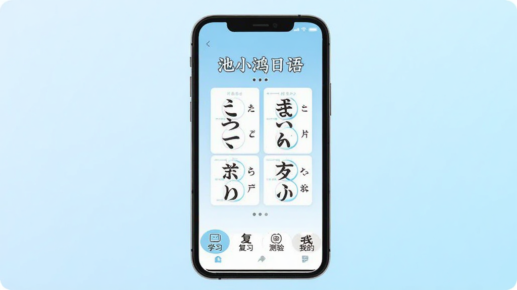 池小鸿日语软件主界面展示,画面中央是手机屏幕,屏幕内显示