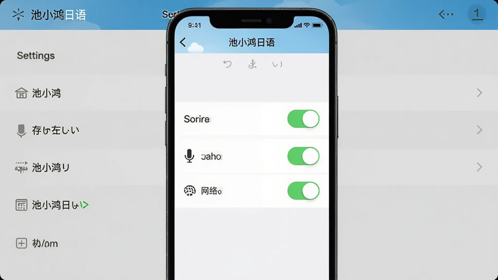 池小鸿日语安装设置界面,画面中央是手机屏幕,屏幕内显示权限管理页面,有存储、麦克风、网络三个权限开关,屏幕上方有