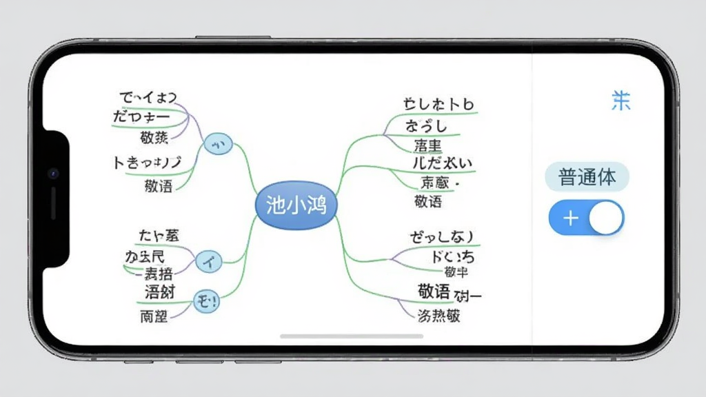 池小鸿日语语法学习界面,画面中央是手机屏幕,屏幕内显示思维导图形式的语法拆解图,节点上有日文例句和中文翻译,屏幕右侧有敬语和普通体切换按钮,背景是浅灰色,风格简洁专业,画质干净无多余元素