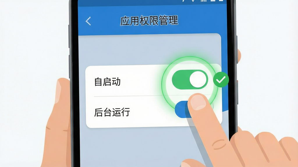 ��ʿ�ڰ�����App���ֻ��ϵİ�װ��Ȩ�����ý̳�ʾ��ͼ��������һ����׿�ֻ���һֻ�����ڵ����Ļ�������ϣ��ֻ���Ļ��ʾ�š�Ӧ��Ȩ�޹��������棬��ָ��ָ�����������͡���̨���С��Ŀ��ذ�ť���Ű��������ص�ͻ�����ذ�ť�����Ϊ��ƽ����ѧͼ����ɫ��������ϸ���ϣ����ذ�ť���и�����Ȧ���Ա�����ɫ�ĶԹ���ǡ����ʸɾ���������࣬�޶������ֺ�ͼ����ţ�ͻ���������衣
