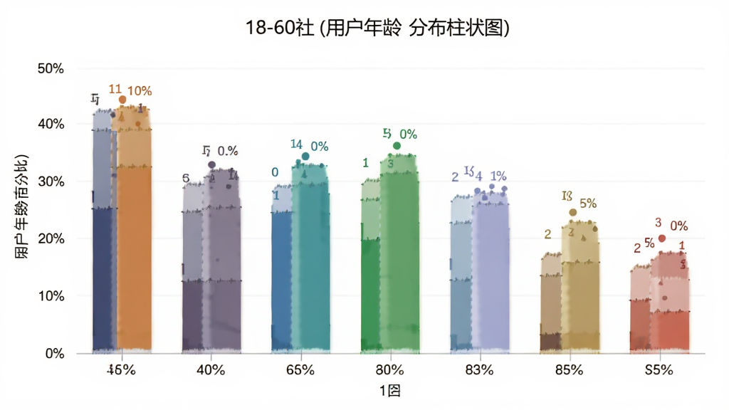 趣觅社 用户年龄分布柱状图,主体为柱状图展示18-60岁不同年龄段用户占比,布局为横轴年龄纵轴百分比,排版清晰,风格为扁平化信息图表,细节用不同颜色区分柱子,画质干净,无多余元素
