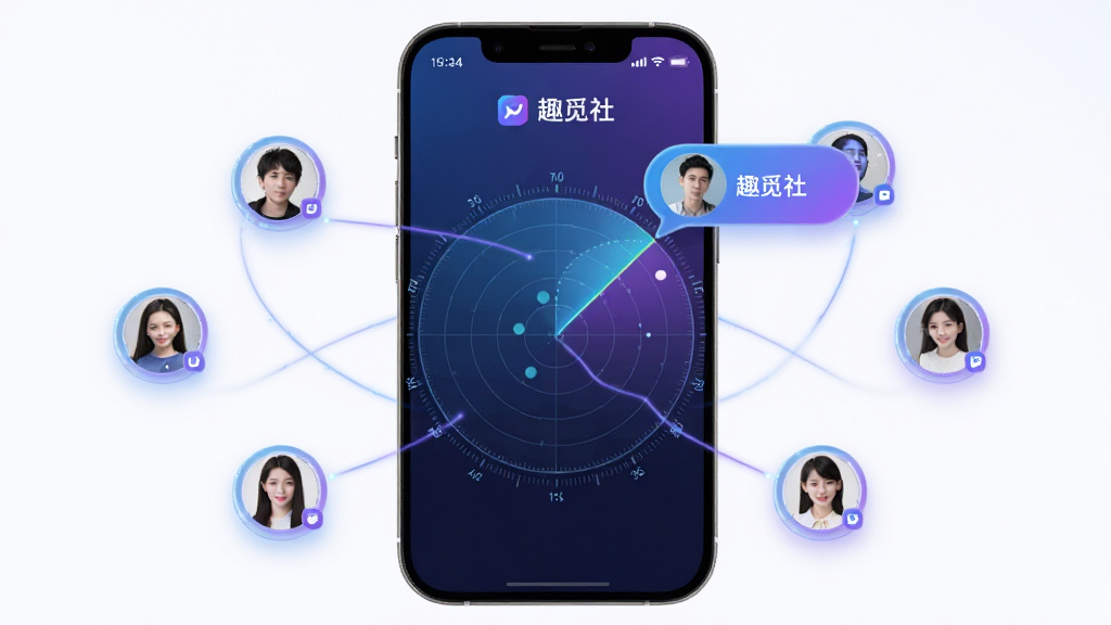 趣觅社 智能匹配界面,主体是手机屏幕显示雷达扫描动画和匹配到的用户头像气泡,布局为居中显示雷达图周围散落头像,排版突出中心视觉,风格为科技感渐变蓝紫配色,细节有光晕效果和连接线条,画质高清,干净无多余元素