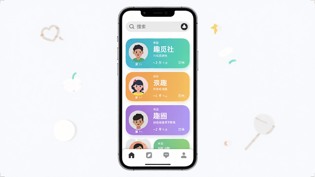 趣觅社 兴趣社交应用界面展示,主体为手机屏幕中央显示多彩的兴趣圈子卡片列表,布局采用上下结构顶部是搜索栏底部是导航栏,排版整洁疏朗,风格为现代扁平化插画风,细节包含圆形头像和圆角卡片,画质清晰明亮,干净无多余元素