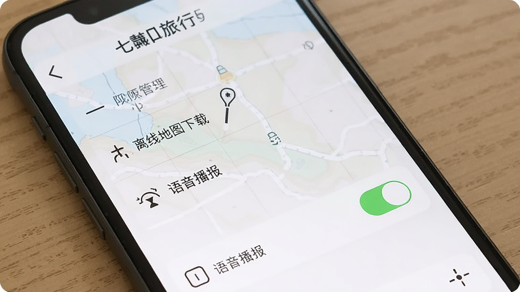一张展示“七十迈旅行”设置界面的图片,画面中手机屏幕显示权限管理、离线地图下载、语音播报开关等选项,布局清晰,风格简洁,画质干净无多余元素