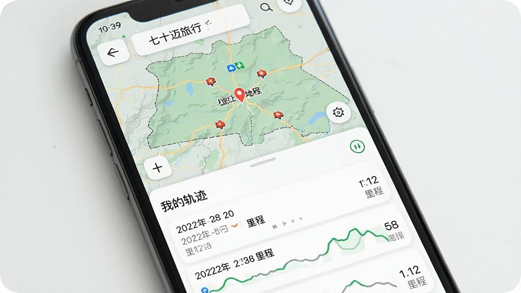 一张展示“七十迈旅行”离线地图和轨迹记录功能的图片,画面中手机屏幕显示已下载的离线地图区域,下方有“我的轨迹”列表,每条轨迹标注了日期和里程,风格简洁,布局清晰,画质干净无多余元素