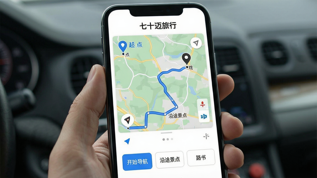 一张手机屏幕展示“七十迈旅行”APP主界面的图片,界面上方显示“七十迈旅行”文字标识,中间是地图路线规划区域,标注了起点和终点,下方有“开始导航”“沿途景点”“路书”等功能按钮,整体布局清晰,风格简洁现代,画质干净,无多余元素