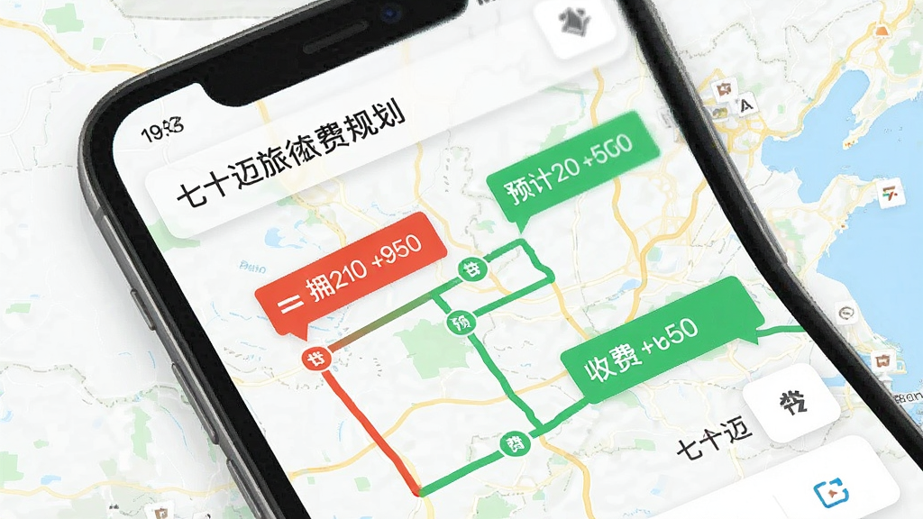 一张展示“七十迈旅行”智能路线规划界面的图片,画面中手机屏幕显示多条彩色路线对比,红色代表拥堵、绿色代表畅通,路线旁边标注了预计时间和收费金额,背景是简洁的地图底图,风格清晰直观,画质干净无多余元素