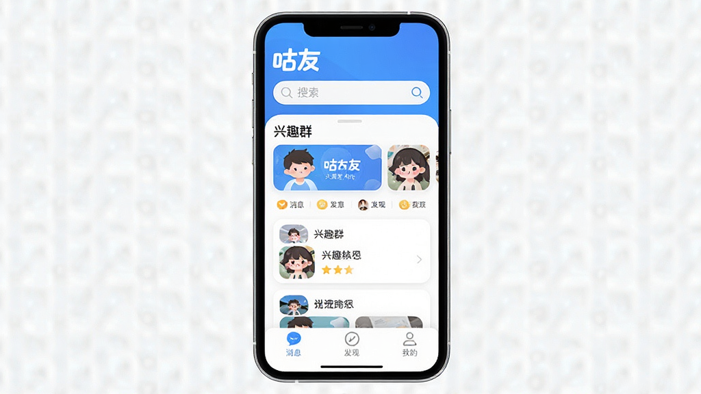一张展示咕友App核心界面的手机样机图,画面中央是咕友主界面,顶部显示“咕友”Logo和搜索栏,中间是兴趣群组卡片列表,底部有消息、发现、我的三个选项卡,整体以蓝白配色为主,风格简洁现代,细节圆润,画质干净无多余元素。