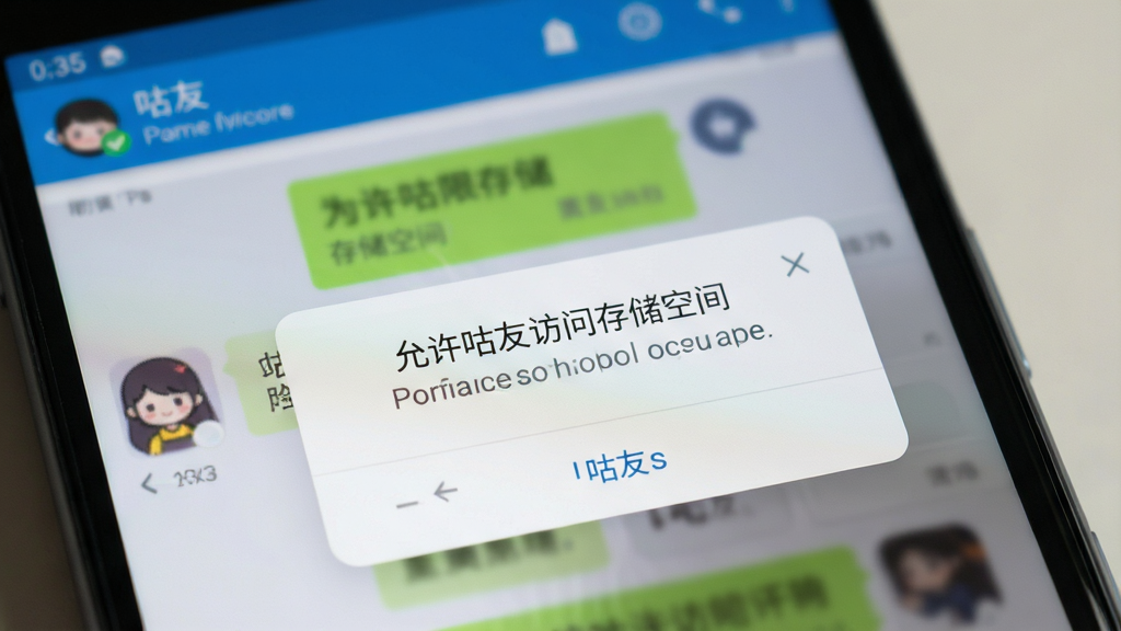 一张展示咕友在安卓手机上安装权限设置界面的示意图,画面中手机屏幕显示“允许咕友访问存储空间”的弹窗,背景是模糊的咕友聊天界面,风格写实清晰,画质干净无多余元素。