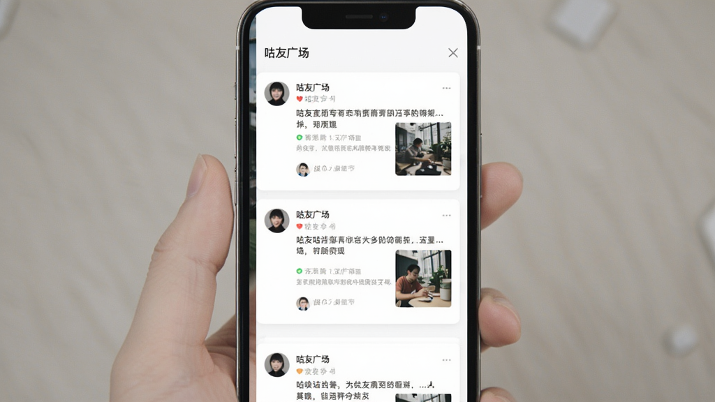 一张展示咕友动态广场界面的手机样机图,画面中用户头像和动态卡片垂直排列,卡片上有文字和图片缩略图,界面干净没有广告横幅,顶部有“咕友广场”字样,风格清爽简约,画质清晰无多余元素。