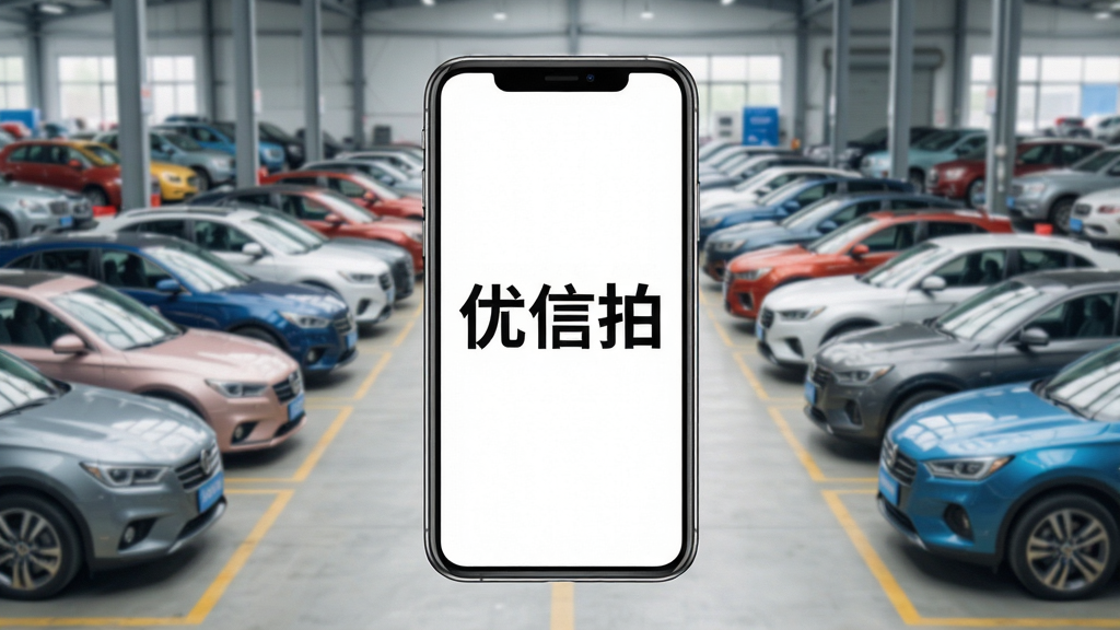 一个现代化的二手车竞拍APP界面悬浮在手机屏幕上,屏幕内显示“优信拍”三个大字,背景是繁忙但有序的二手车交易市场,有各种品牌的车辆整齐排列,画面明亮清晰,主体是手机和APP界面,布局居中,风格现代扁平化,细节精致,画质干净无多余元素
