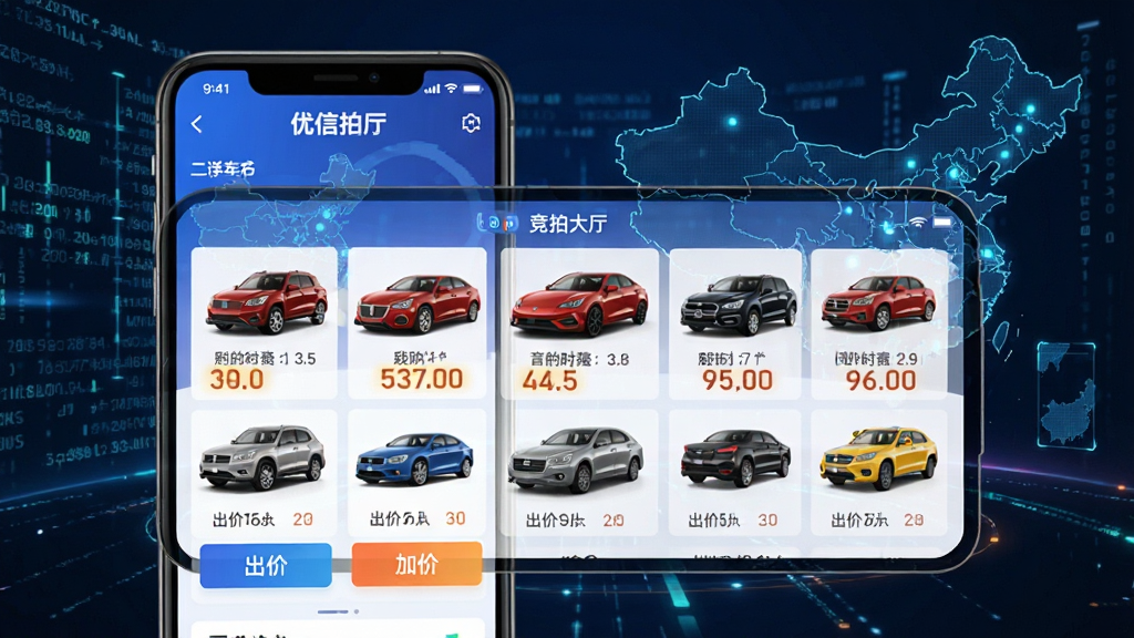 优信拍APP的竞拍大厅界面,屏幕上显示多辆不同颜色的二手车正在倒计时竞拍,有“出价”“加价”按钮,数字不断跳动,背景是虚拟的数据流和全国地图,主体是手机屏幕和竞拍信息,布局紧凑,风格科技感十足,细节清晰,画质干净无多余元素
