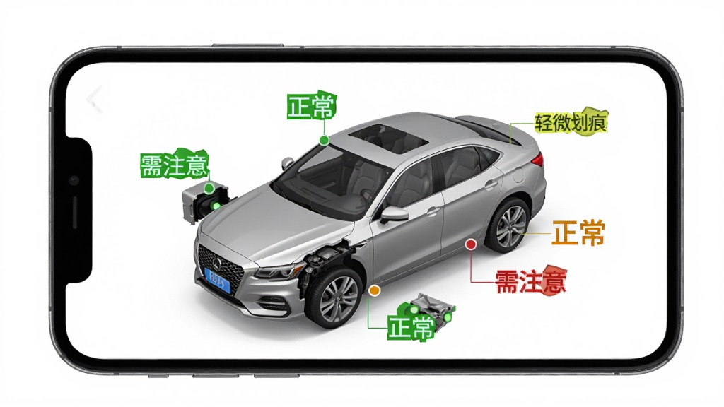 优信拍APP的车辆检测报告页面,手机屏幕上显示一辆汽车的立体透视图,各个部件旁边标注着“正常”“轻微划痕”“需注意”等标签,背景是干净的白色,主体是手机和报告界面,布局清晰,风格简洁专业,细节丰富,画质干净无多余元素