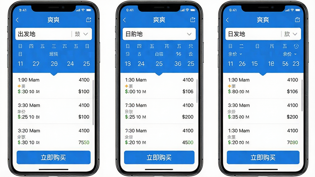 一张手机界面截图,展示“爽爽”APP的长途购票页面,顶部是出发地和目的地选择框,中间是日历和班次列表,每个班次显示时间、票价和余票数量,底部是醒目的立即购买按钮,界面设计清晰,蓝白配色,画质干净无多余元素