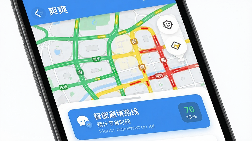 一张手机界面截图,展示“爽爽”APP的实时路况页面,地图上显示多条道路,用绿色、黄色和红色标注拥堵程度,下方有智能避堵路线推荐卡片,显示预计节省时间,界面设计现代,蓝白配色,画质干净无多余元素