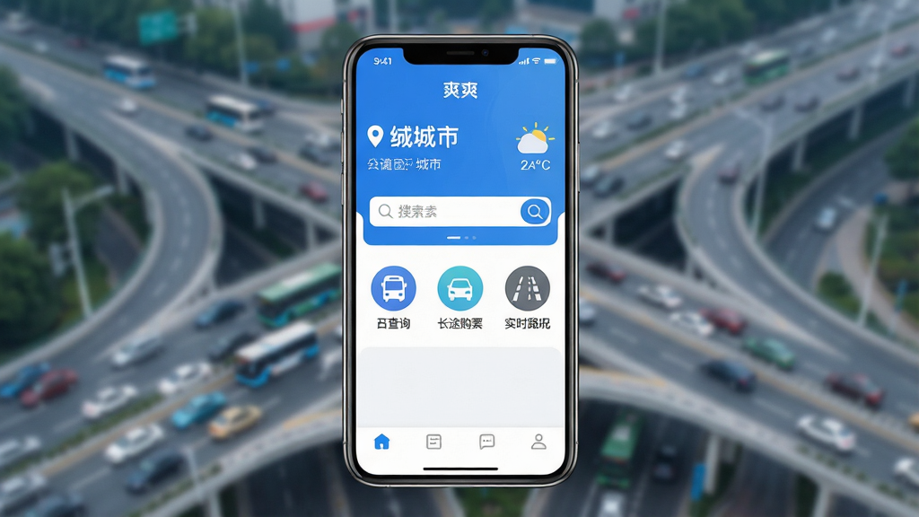一张展示手机屏幕的图片,屏幕中央是“爽爽”APP的首页界面,界面以蓝白色调为主,顶部显示定位城市和天气,中间是醒目的搜索框和几个圆形功能图标,包括公交查询、长途购票、实时路况,底部是简洁的导航栏,整体风格现代清爽,背景是模糊的城市交通路网,画质清晰干净,无多余元素