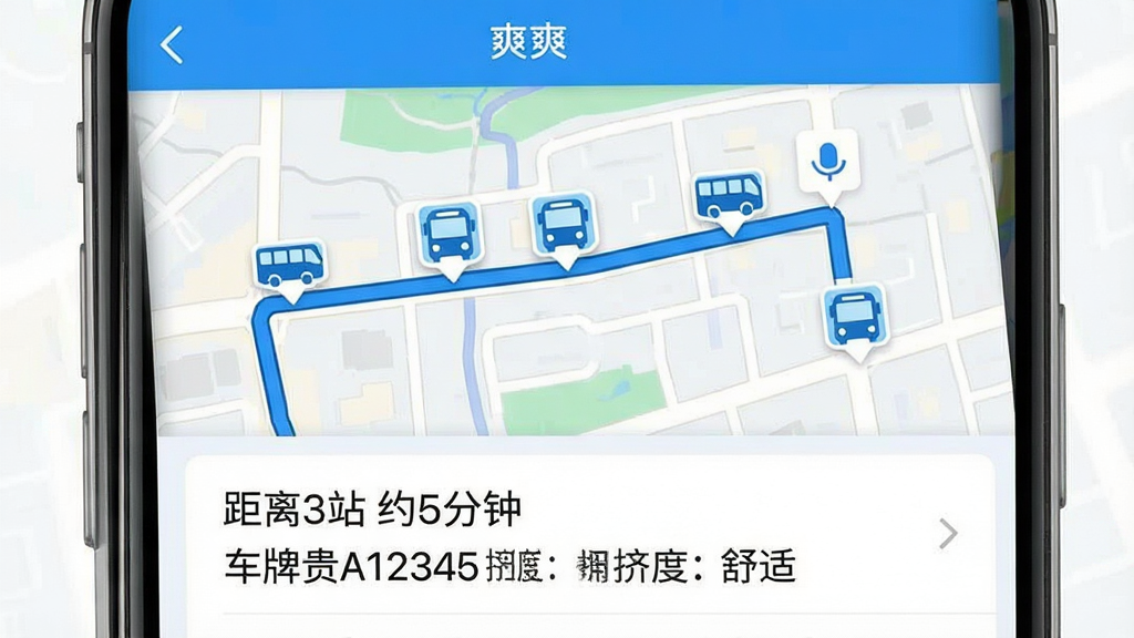 一张手机界面截图,展示“爽爽”APP的实时公交功能页面,地图上有一条蓝色公交线路,线路上有几个公交车图标,下方列表显示“距离3站 约5分钟 车牌贵A12345 拥挤度:舒适”,界面以蓝白色为主,设计简洁现代,文字清晰,画质干净无多余元素