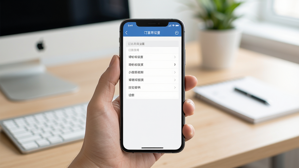 谛听招标手机端操作示意图,一只手拿着手机,屏幕显示订阅设置页面,背景是办公桌场景,风格写实清新,画质明亮干净